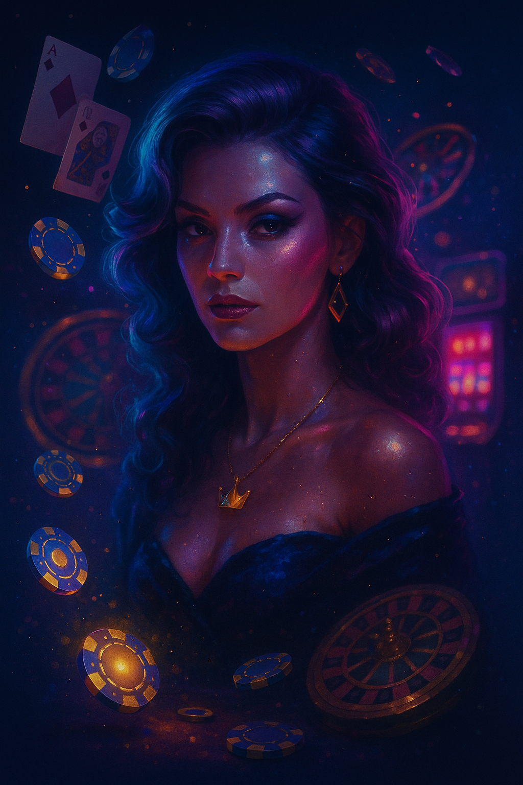 Neon siberpunk ışıklarında zarif VIP, uçuşan fişler ve kartlarla